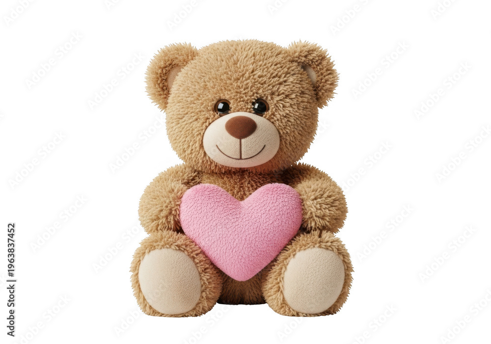 Obraz premium Cuddly brown teddy bear holding a soft pink heart in its chest. isolated on transparent background