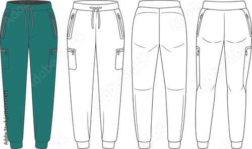 Utility cargo jogger pants with zipper pockets front back flat vector