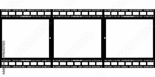 A black and white film strip negative with empty frame spaces
