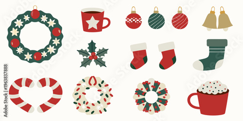 Festive christmas decorations including wreaths ornaments and cozy winter items