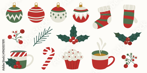 Festive christmas decorations including ornaments stockings and hot beverages