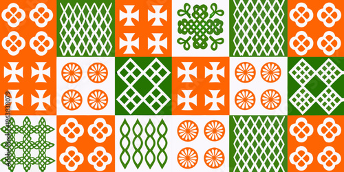 A colorful grid of traditional woven patterns and geometric designs