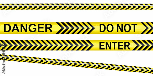 Yellow and black danger tape with warning messages on a white background