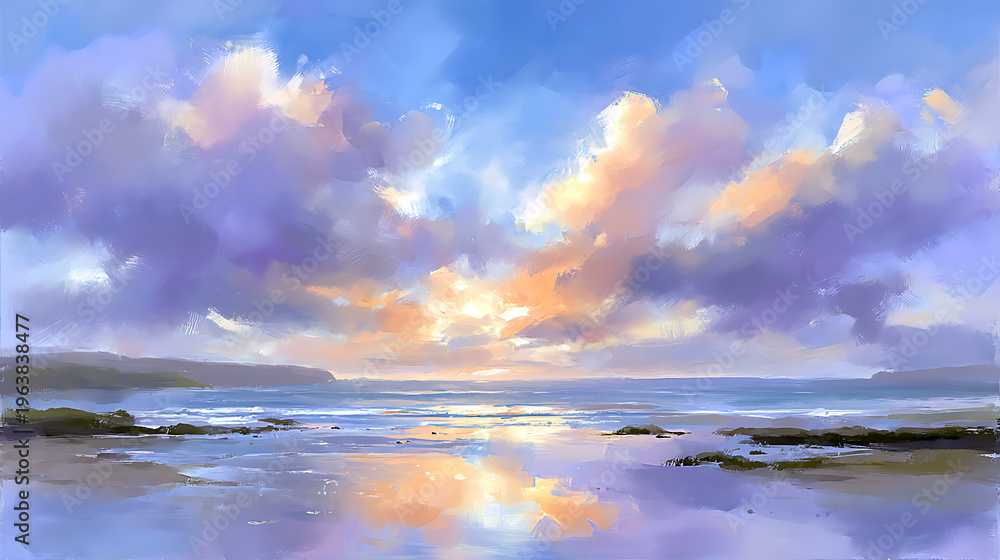 Obraz premium A painting of a beach with a cloudy sky and a sunset