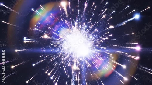 Bright cosmic explosion with colorful streaking lights in dark space