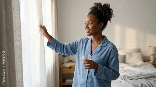 Morning bedroom routine woman opening curtains drinking water for