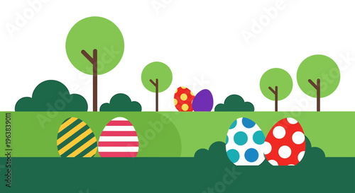 colorful easter eggs from a modern flat design easter egg hunt are hidden in a vibrant green spring landscape perfect for holiday celebrations.