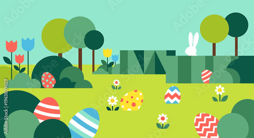 colorful easter eggs hidden in a vibrant spring garden with a cute bunny and tulips celebrating the easter holiday outdoors