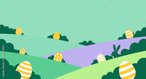 modern flat design easter egg hunt with colorful eggs and a cute bunny in a vibrant spring landscape.