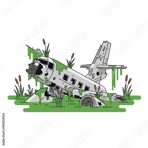 a decaying airplane wreckage overgrown with green slime and cattails in a swamp illustrating natural reclamation and abandonment