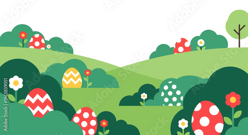 colorful easter eggs nestled in a vibrant green spring landscape perfect for a joyful holiday background illustration