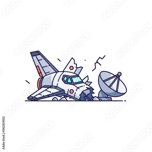 a crashed space shuttle and broken satellite dish illustrate a rocket accident symbolizing technological failure or a space exploration mishap.