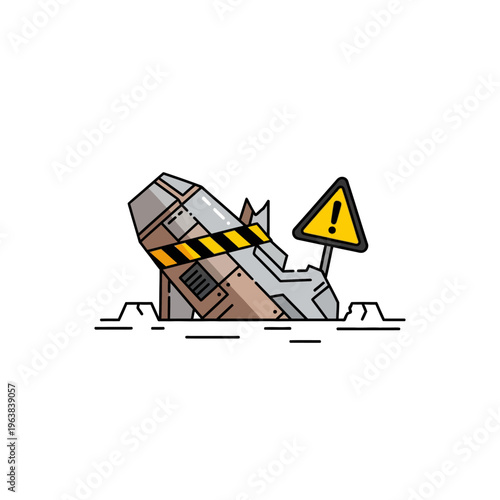 a dangerous warning sign next to a crashed futuristic spaceship wreckage embedded in the ground depicting a hazardous accident scene
