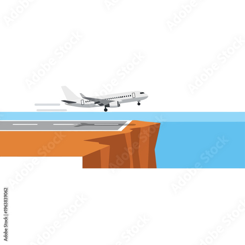 airplane taking off from a cliff edge runway above the ocean symbolizing a challenging new beginning in flat design.