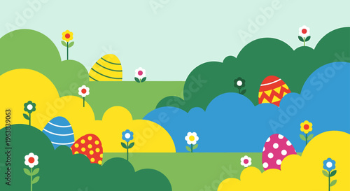 colorful easter eggs hidden in a vibrant spring landscape featuring a playful flat design illustration for holiday fun.