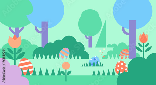 modern flat design easter egg hunt with colorful decorated eggs hidden in a playful spring garden