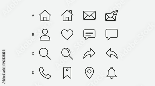 Set of modern line icons for web and mobile applications including home email chat search and notification symbols