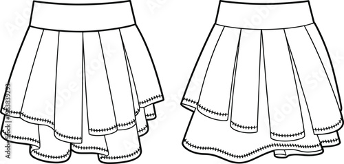 Technical pleated skirt fashion sketch with layered asymmetrical hem design flat vector