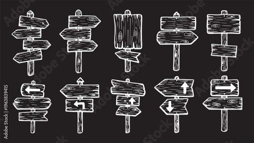 A collection of 10 white hand-sketched wooden signpost icons on a black chalkboard background, featuring various directional arrows, multiple boards per post, and a rustic textured wood grain effect.