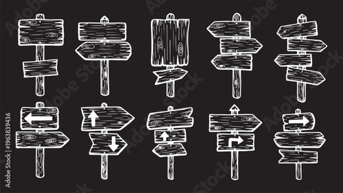 A collection of 10 white hand-sketched wooden signpost icons on a black chalkboard background, featuring various directional arrows, multiple boards per post, and a rustic textured wood grain effect.