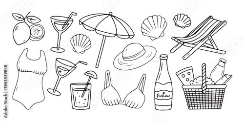 Beach Accessories Line Art Set with Umbrella, Sunglasses and Summer Objects Outline Illustration
