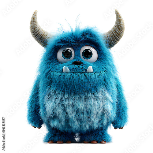 A large blue monster with horns and sharp teeth stares directly.