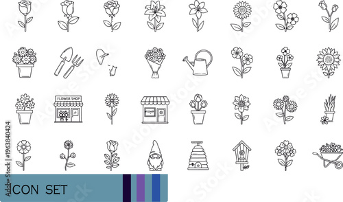 Print Flower Shop and Gardening Line Icon Set