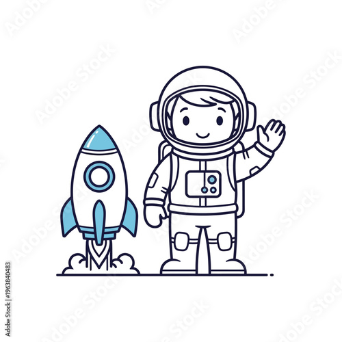 A cute cartoon astronaut in a spacesuit waving next to a blue and white rocket taking off.