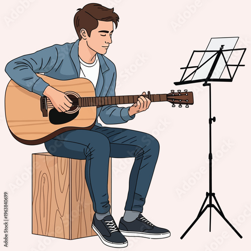 Young man playing acoustic guitar with sheet music stand, musician practicing song.