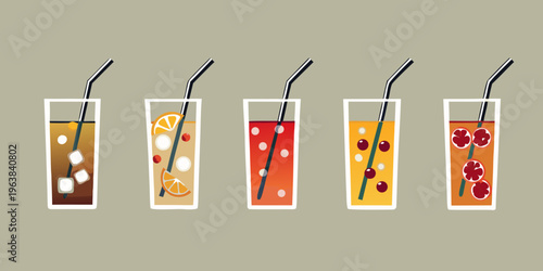 Five colorful glasses of refreshing beverages with stainless steel straws