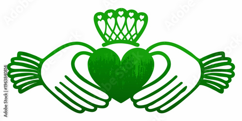 A green claddagh symbol featuring hands embracing a heart with a crown