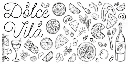 Hand drawn illustration of italian food drinks and decorative elements