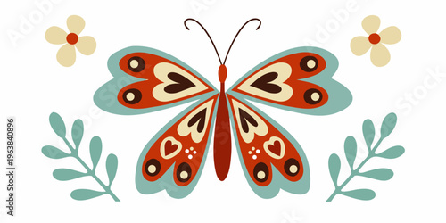 Stylized butterfly with heart shaped markings and floral elements