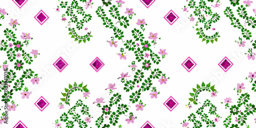 Floral pattern with pink blossoms green vines and diamond shapes