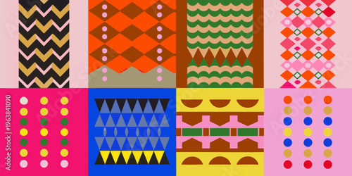 Geometric patterns in vibrant colors arranged in a grid formation