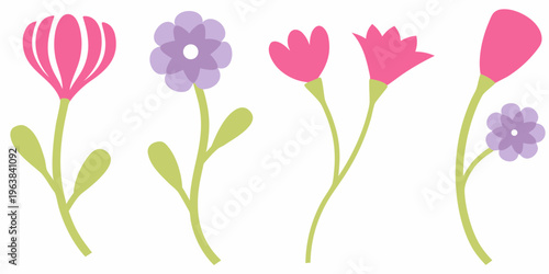 Stylized illustration of various colorful flowers with simple green stems