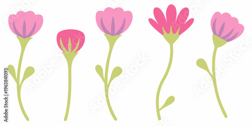 Stylized pink flowers with green stems and leaves on a white background