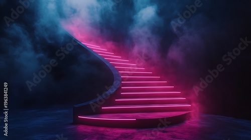 Dramatic staircase illuminated with pink neon lights and atmospheric smoke