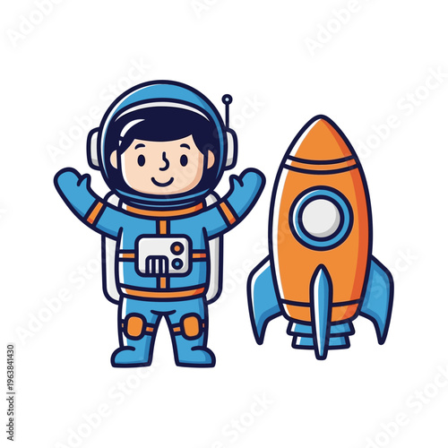 A cute cartoon astronaut standing next to a colorful rocket, ready for space exploration.