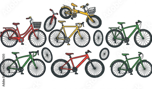 Flat bicycle vector set in grid layout eco friendly transport bikes for travel sport and active lifestyle