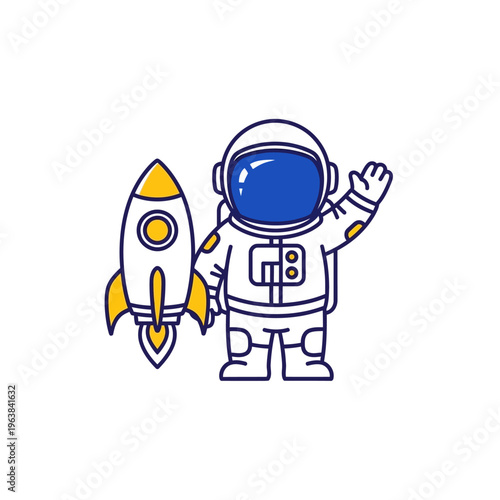 Cute cartoon astronaut waving next to a rocket, ready for space exploration and adventure.