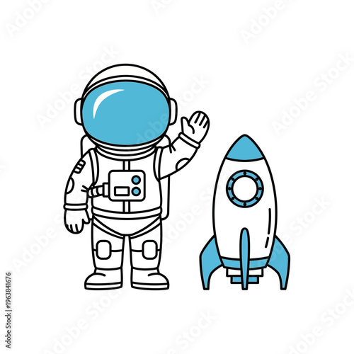 A cute cartoon astronaut in a white and blue suit waving next to a blue and white rocket ship.