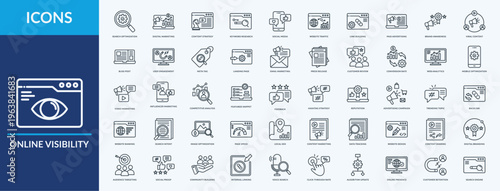 Online Visibility - Icon Collection. Thin outline Set contains such Icons as search optimization, blog post, reputation and more. Simple web icons set
