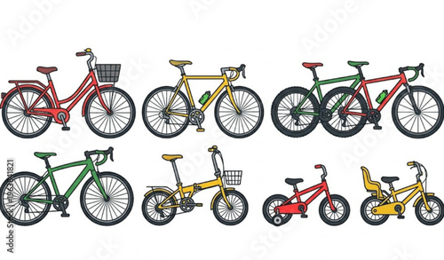 Colorful bicycle vector set eco friendly transport collection with red yellow and green bikes in flat cartoon style