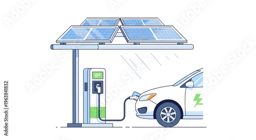 Electric car charges under solar panels on a rainy day at a station outdoors.