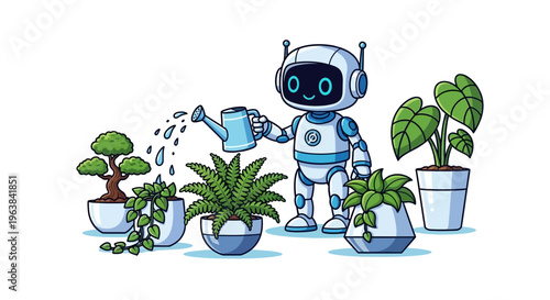 A robot waters various plants in pots on a white background with a smile.