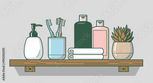 Bathroom shelf with toiletries and plant.