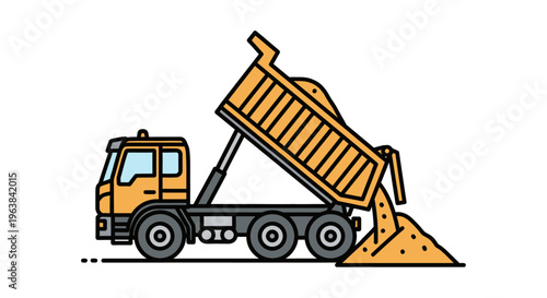 A cartoon orange dump truck tipping.