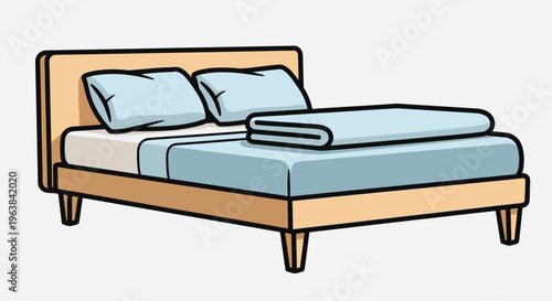 Bed with pillows and folded blanket.