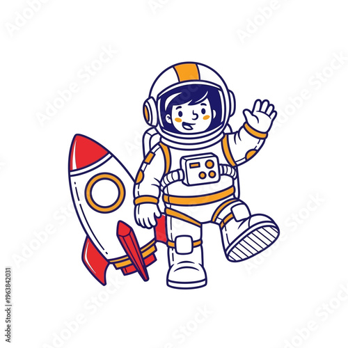 A cute cartoon astronaut in a spacesuit waving next to a red and white rocket, on a white background.